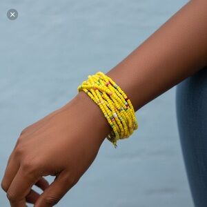 Yellow Multicolor Multi Beads Beaded Wire Coil Braided Cuff Bracelet 6" Boho